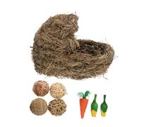 DIYEAH Handmade Woven Hamster Grass House Pet Resting Nest Foldable Rabbit Grass Nest Slipper Hideout and 4 Balls Carrot Chew Toy for Small Pets