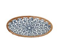 DIYEAH Japanese-Style Oval Rattan and Ceramic Serving Tray with Smooth Surface, for Serving Desserts and Housewarming, Blue Fruit Plate with Unique Design for Decorative Food Display