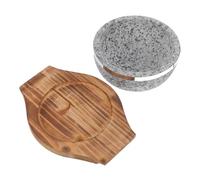 DIYEAH Korean Bibimbap Stone Bowl 600ml with Wood Base, Round Stone Pot for Kitchen Cooking, Holds Heat Well and Suitable for Slow Cooking