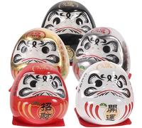 DIYEAH Mini Japanese Ceramic Dharma Statues Set of 5, Gold Electroplated Lucky Dashboard Ornaments for Car Interior and Home Décor, Mascot Figurines for Prosperity and Good Luck