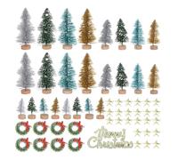 DIYEAH Mini Snow Flocked 3-Tier Miniature Christmas Tree Set with 24 Artificial Pine Trees, 24 Stars, 8 Green Wreaths with Bows and 1 Sign for Holiday Tabletop Decor and DIY Craft