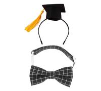 DIYEAH Pet Graduation Cap with Tassel and Strap Small Dog Cat Bow Tie for Birthday Party Halloween and Photo Props Yellow Felt Hat with Black Plaid Bow Tie for Memorable Celebration