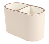 DIYEAH Pu Leather Pen Holder Organizer with 2 Compartments and Elliptical Shape, Multi-compartment Desktop Storage Caddy for Office and Desk Use, Stable Storage with Sturdy Base in Beige