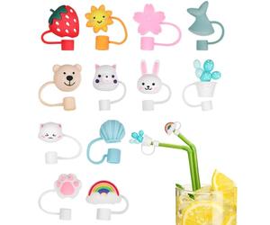DIYEAH Silicone Straw Tip Covers Reusable Drinking Straw Caps Decorative and Prevent Contamination 12pcs with Creative Lovely Shapes for Outdoor Activity