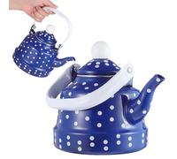 DIYEAH Vintage Enamel Tea Kettle with Whistling Alarm for Stovetop Use Ergonomic Non-Slip Handle Suitable for Induction Gas Electric Cookers Fade-Resistant Blue White Dot Design