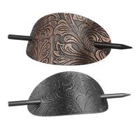DIYEAH Vintage Hair Sticks 2pcs Set Oval Leather Ponytail Holder Pins for Women Black and Copper Hair Bun Clips Styling