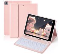 Diyeeni Keyboard Case for IPad9/8/7th Gen, IPadPro, IPadAir 3 | 7 Color Backlit | Magnetic Detachable Keyboard | Tablet Protective Case with Pencil Holder, PU Leather (Pink)