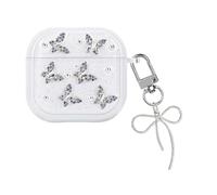 DiyGody Case Compatible with AirPods 4 Cover with Keychain, Silver Bead Rhinestone Butterfly Design for Women Girls Protective Shockproof Soft TPU Skin Cover for AirPods 4th Generation (2024)