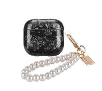 DiyGody Case for AirPods 4th Generation 2024 Clear with Pretty Pearl Keychain, Black Shell Design TPU Shockproof Protective Skin Cover for AirPods 4 for Women
