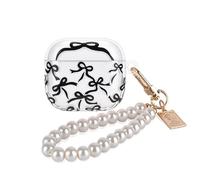 DiyGody Case for AirPods 4th Generation 2024 Clear with Pretty Pearl Keychain, Cute Black Bow Tie Design TPU Shockproof Protective Skin Cover for AirPods 4 for Women