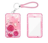 DiyGody Flowers Badge Holder with Lanyard Keyring, Card Protective Cover with Roses Butterfly Moon Pattern for Girls Women, Rigid Vertical Card Protector for Office ID Cards, Credit Cards, Bus Cards