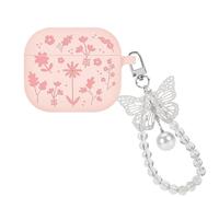DiyGody for AirPods 3rd Generation Case, Unique Flower Engraved Design for Women Girls with Plating Butterfly Keychain Silicone Protective Skin Cover for AirPods 3 (Pink)