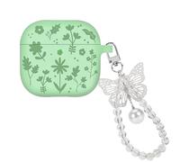 DiyGody for AirPods 4 Case 2024, Cute Flower Engraved Design for Women with Plating Butterfly Crystal Keychain Silicone Protective Skin Cover for AirPods 4th Generation (Mint Green)