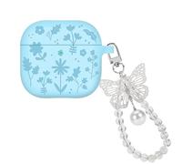 DiyGody for AirPods 4 Case, Cute Engraved Flower Design for Women with Plating Butterfly Crystal Keychain Silicone Protective Skin Cover for AirPods 4th Generation 2024 (Light Blue)