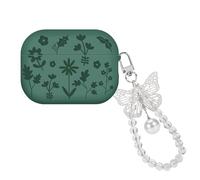 DiyGody for AirPods Pro 2 Case with Silver Butterfly Bracelet, Unique Flower Engraved Design for Airpods Pro 2nd/1st Gen (2023/2022/2019) Soft Protective Shockproof Premium Cover (Pine Green)
