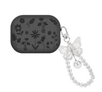 DiyGody for AirPods Pro/Pro 2 Case with Silver Butterfly Keychain, Pretty Engraved Flower Design Soft Shockproof Protective Cover for Airpods Pro Case 2nd/1st Gen (2023/2022/2019)-Black