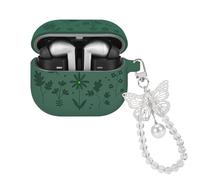 DiyGody for Samsung Galaxy Buds 3/3 Pro Case, Cute Flower Engraved Design Silicone Protective Skin Cover with Plating Butterfly Keychain (Pine Green)