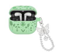 DiyGody for Samsung Galaxy Buds 3/3 Pro Case with Plating Butterfly Keychain, Cute Flower Engraved Design for Women Silicone Protective Skin Cover (Grass Green)