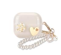 DiyGody for Samsung Galaxy Buds 3&Galaxy Buds 3 Pro Case for Women, Cute Love Heart Flower with Luxury Pearl Keychain, Soft TPU Shockproof Full Protection Cover Case (Beige)