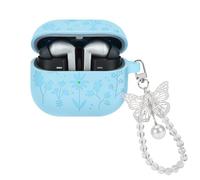 DiyGody for Samsung Galaxy Buds 3/Pro Case, Cute Flower Engraved Silicone Protective Cover for Women With Plating Butterfly Keychain (Blue)