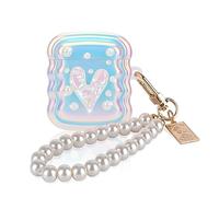 DiyGody Glitter Case Compatible for AirPods 1st Generation Pearl Wrist Keychain with Pearl Sticker,Wave Frame Heart Design Soft Slicone Full Protective Cover for Airpod 2/1 Case-White