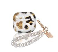 DiyGody Glitter Case for AirPod 4th Generation 2024 with Pearl Bracelet Keychain, Sparkle Pretty Cute Shell Shockproof Protective Skin Cover for Airpods 4th Generation for Women Girls -Cheetah