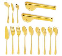 DIYJEP 14 Pieces Stainless Steel Serving Utensils Set, Large Gold Cutlery Set Includes Serving Spoon, Slotted Spoons, Salad Forks, Soup Ladle, Serving Tongs, Pie Server for Buffet Banquet Party