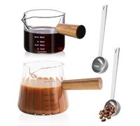 DIYJEP 2 Pcs Espresso Cups with 2Pcs Stainless Steel Coffee Scoops, Single Spout Glass Measuring Cups with Wood Handle, Milk Frother Jug with Dual Scale, Coffee Accessories for Coffee Tea Milk