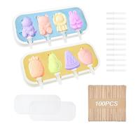 DIYJEP 2 Pieces Ice Lolly Moulds with 100 Pcs Popsicle Sticks, 4 Cavity Silicone BPA Free Reusable Ice Cream Mould Popsicle Maker Homemade DIY Kit, Cute Animal and Fruit Shape Popsicle Mould for Kids