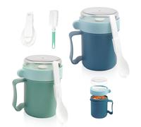 DIYJEP 2Pcs Microwave Soup Mug with Lid, Resuable Overnight Oats Jar, 500ML Plastic Porridge Container, Leak-Proof Portable Breakfast Mug Cereal Cup for Soups Oat Porridge Milk Noodles (Green, Blue)