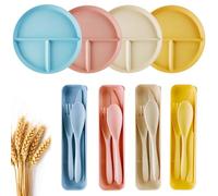 DIYJEP 4 Pcs Divided Dinner Plates with 4 Pcs Travel Cutlery Set, 23cm Unbreakable Plastic Plates, Portion Control Diet Plate, Reusable Picnic Plate with Camping Tableware for Daily Use (4 Colours)