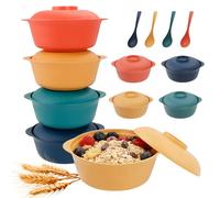 DIYJEP 4 Pcs Reusable Plastic Bowl with Plstic Spoons Set, 1000ML Unbreakable Cereal Bowls with Lid, Microwave and Dishwasher Safe Soup Bowl Tableware Sets, Lightweight Serving Bowls for Noodle Fruit