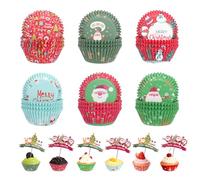 DIYJEP 600 Pcs Christmas Cupcake Cases with 20 Pcs Cake Toppers, Greaseproof Paper Muffin Cases for Baking, Santa Snowman Christmas Cupcake Liners Wrapper Cases for Xmas Party Cake Decoration