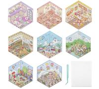 DIYJEP 8 Sets DIY 3D House Stickers with Tweezers, Cartoon Make Your Own 3D Sticker Scene for Children Adults, Cute Fun Stickers Miniature Amusement Parks Beach Parties Shops Libraries Sticker Scenes