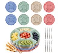 DIYJEP 8Pcs 5 Sectional Serving Platter with Fruit Forks, Reusable Round Plastic Snack Tray for Parties, Serving Dishes & Platters Compartment Trays Plate for Snacks Fruit Candies Nuts(4 Colours)