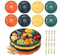 DIYJEP 8Pcs 5 Sectional Serving Platter with Fruit Forks, Reusable Round Plastic Snack Tray for Parties, Serving Dishes & Platters Compartment Trays Plate for Snacks Fruit Candies Nuts(Dark Colors)