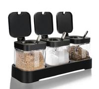 DIYJEP Condiment Jar Spice Container with Lids and Spoons, Clear Square Glass Condiment Jars, Flip Lid Seasoning box Container for Kitchen Condiments Sugar Masala Salt Seeds Grains Tea Storage (Black)
