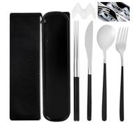 DIYJEP Stainless Steel Travel Cutlery Set with Case, Portable Camping Cutlery Set, Reusable Fork Spoon Knife Chopsticks Set for Office School Travel Camping Picnic Adults Daily (Black, Silvery)