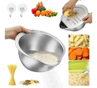 DIYJEP Upgrade Rice Washer Strainer Bowl with Grater, Multipurse Stainless Steel Colander, 3-in-1 Kitchen Integrated Strainer with Side Drainers Sieve for Rice Pasta Vegetables Fruit (Silver)