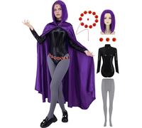 DIYLN Raven Costume Women Adult Halloween Cosplay Costume with Purple Hooded Cape Wig Belt Jumpsuit Gemstone Anime Role Play Outfit DY032-XXXL