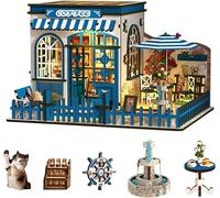 Diymnhaus-DIY Miniature Dollhouse Kit Blue Coffee Cottage Architectural Model Adult Assembly Kit Mini Seaside Villa Small House 3D Wooden Puzzle Craft Home Decor Mother's Day & Birthday Gift