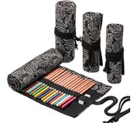 DIYOMR 12/24/36/72 Slots Pencil Wrap Roll, Artist Colored Roll Up Bag, Short Brushes Pouch Case Organizer for Drawing Coloring and Sketching, No Pencils (Black Leaves, 12slots)