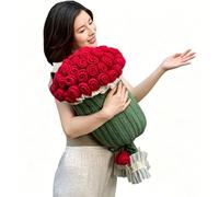 Diysupmkt Handmade Crochet Rose Flower Bouquet Blanket,Round Soft Lightweight Romantic Gift for Birthday Wedding Home Decor (Red, L(Bouquet 【 20 * 60cm 】+Blanket 【 120 * 160cm 】))