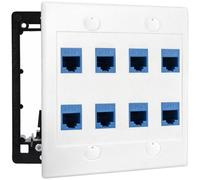 DIYTECH 8 Port Ethernet Wall Plate, Cat 6, Double Gang, RJ45 Female to Female Keystone Jacks - White