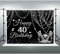 DIZHI Black and Silver Happy 40th Birthday Banner for Woman Glitter Pearls Curtain Diamond High Heels Party Decoration Sparkle Facula Noble Photography Background Photo Studio Props (5x3ft)