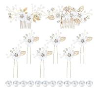 Dizila 20 Pieces Bridal Wedding Party Prom Rhinestone Pearl Gold White Flower Hair Side Combs Slides+U-shaped Flower Hair Pins+Twist Spiral Pearl Hair Pins Headpieces for Brides Bridesmaids Women Girl