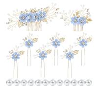Dizila 20 Pieces Bridal Wedding Party Prom Rhinestone Pearl Light Blue Flower Hair Side Combs Slides+U-shaped Flower Hair Pins+Twist Spiral Pearl Hair Pins Headpieces for Brides Bridesmaids Women Girl