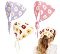 Dizila 3 Pieces Flower Crochet Bandanas Hair Scarf Tie Back Floral Knitted Head Kerchief Headwraps for Women Girls Teens Kids (Purple+Pink+Ivory)