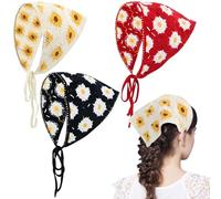 Dizila 3 Pieces Vintage Flower Crochet Bandanas Headbands Knitted Head Kerchief Hair Scarf Headwraps for Women Girls Teens (Beige+Red+Black)