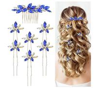 Dizila 7 Pieces Decorative Royal Blue Party Prom Wedding Bridal Rhinestone Hair Side Comb+U-shaped Hair Pins Accessories for Women Girls Brides Bridesmaids